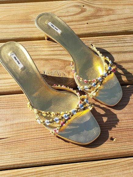 Miu Miu Gold and Floral Embellished Heels - Picture 2 of 10